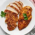 Air Fryer Chicken Breast Recipe : Easy, Juicy Results 13 Juicy Air Fryer Chicken Breast sliced on a plate with herbs and vegetables