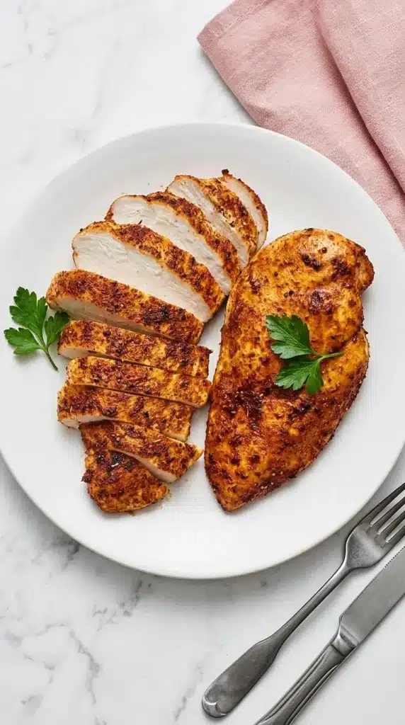 Juicy Air Fryer Chicken Breast sliced on a plate with herbs and vegetables
