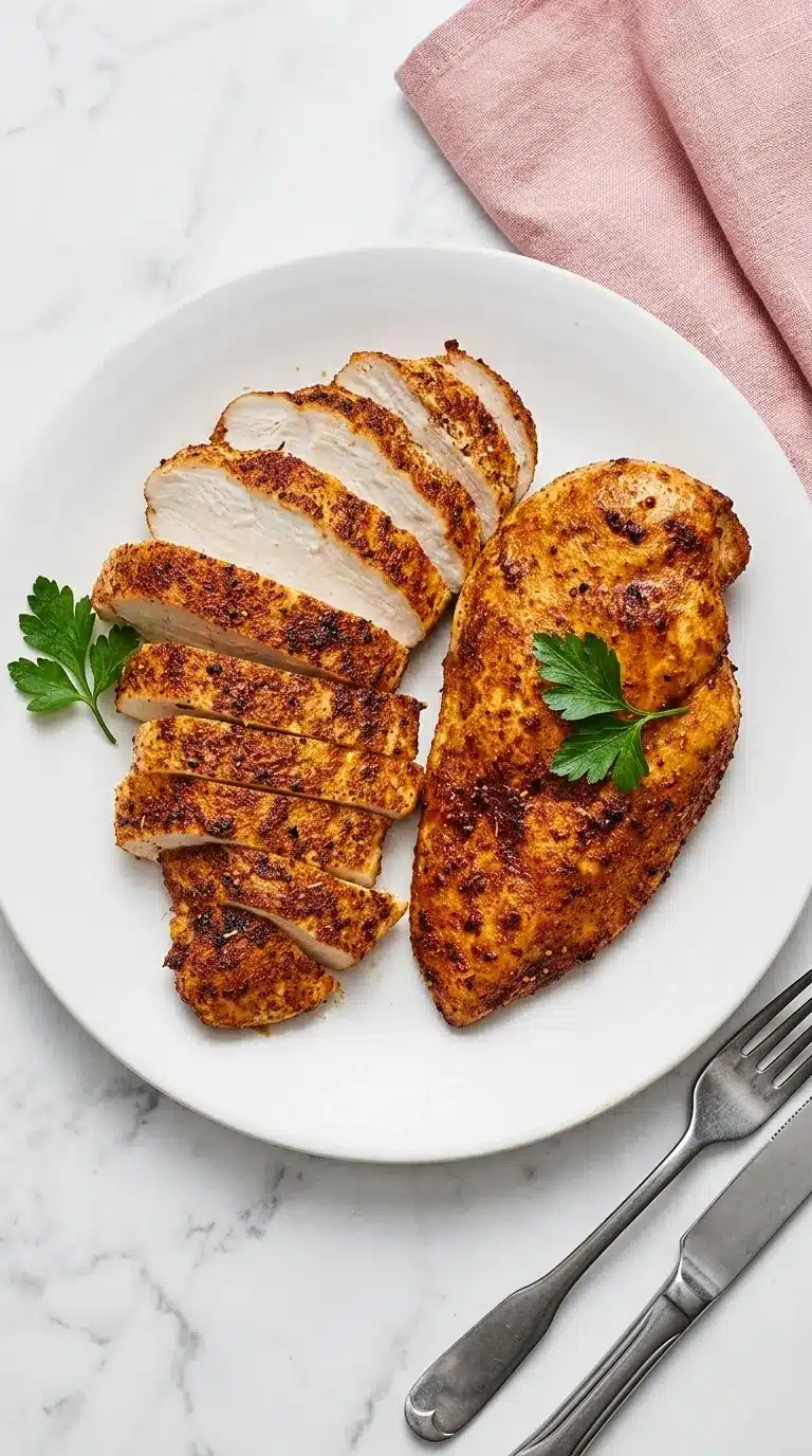 Juicy Air Fryer Chicken Breast sliced on a plate with herbs and vegetables