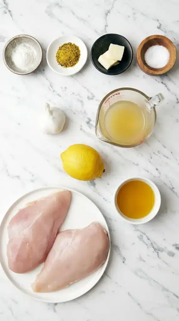Lemon Pepper Chicken Recipe : Quick, Amazing 15-Minute Dinner 7 Lemon Pepper Chicken ingredients with chicken, lemon, garlic, butter, broth, flour, and seasoning