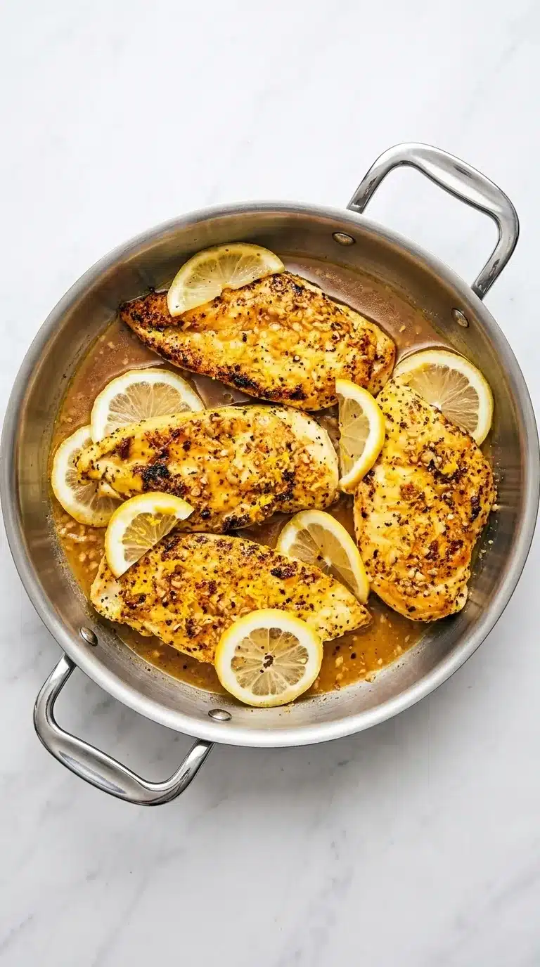 Lemon Pepper Chicken with golden seared chicken, lemon slices, garlic, and buttery pan sauce