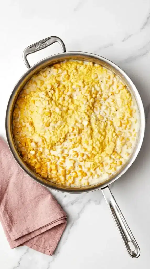 Creamed Corn Recipe for a Cozy Thanksgiving Side 7 Heavy cream poured over sweet corn while making Creamed Corn in a skillet
