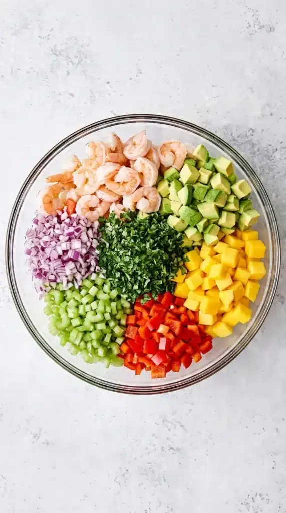 Mango Avocado Shrimp Salad Recipe : Amazing Fresh Lunch 11 Mango Avocado Shrimp Salad ingredients with shrimp, mango, avocado, peppers, celery, onion, and cilantro