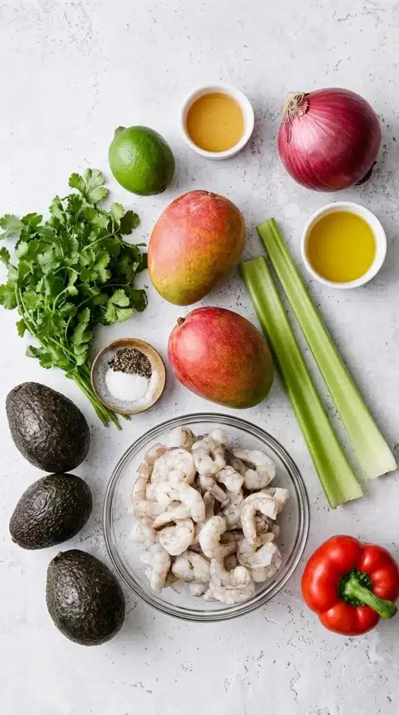 Mango Avocado Shrimp Salad Recipe : Amazing Fresh Lunch 8 Mango Avocado Shrimp Salad ingredients with shrimp, mango, avocado, vegetables, lime, and cilantro