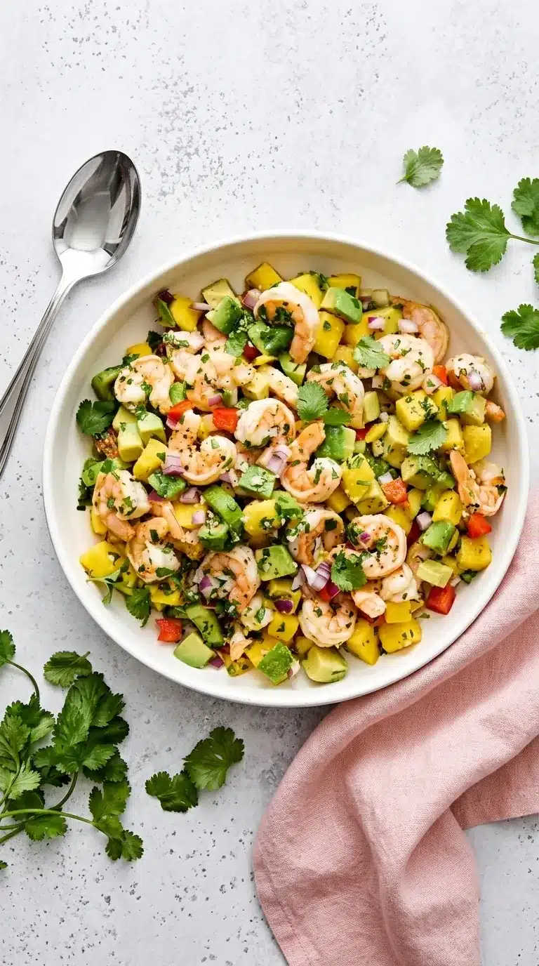 Mango Avocado Shrimp Salad with fresh mango, creamy avocado, shrimp, cilantro, and lime