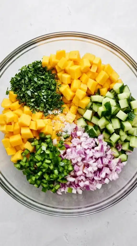 Mango Salsa ingredients with diced mango, cucumber, red onion, jalapeño, cilantro, and lime