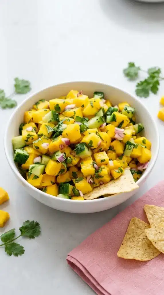Mango Salsa with cucumber, cilantro, red onion, jalapeño, and crunchy tortilla chips
