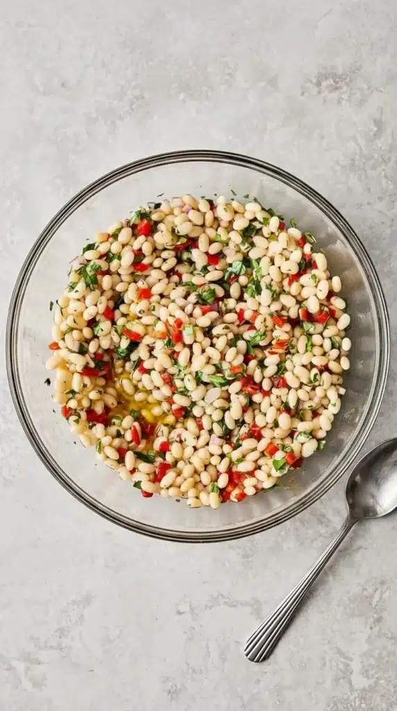 Marinated White Beans: Fresh Mediterranean Lunch Recipe 10 Mixed Marinated White Beans with roasted peppers, fresh herbs, shallot, and lemon dressing