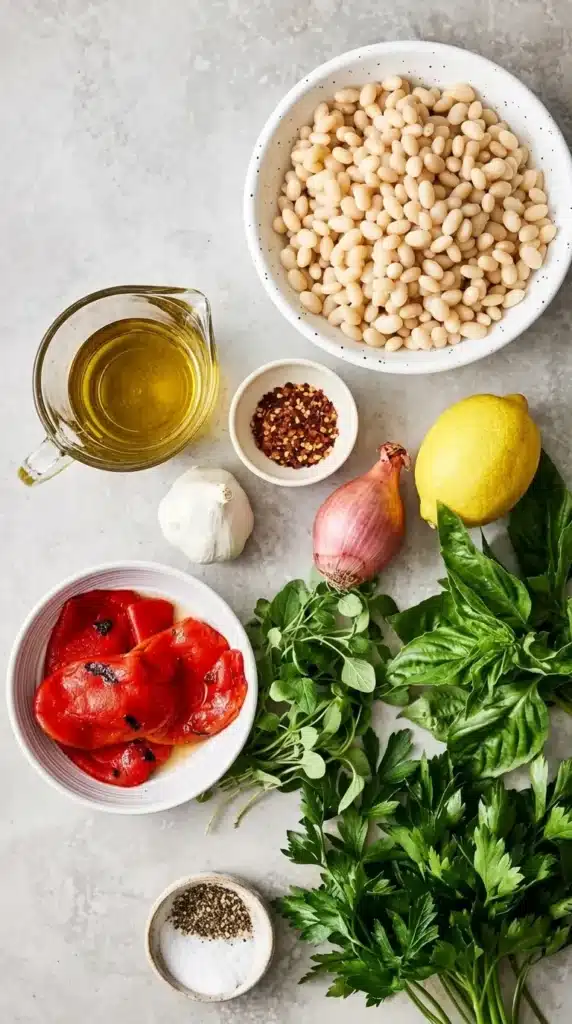Marinated White Beans: Fresh Mediterranean Lunch Recipe 8 Marinated White Beans ingredients with lemon, herbs, roasted peppers, garlic, and olive oil