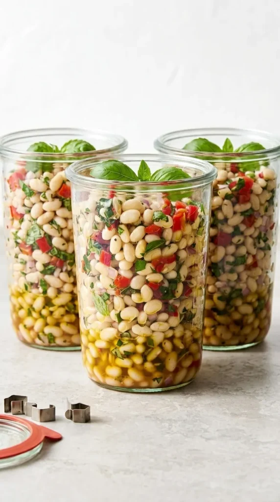 Marinated White Beans: Fresh Mediterranean Lunch Recipe 11 Marinated White Beans stored in a glass container with herbs, peppers, and olive oil