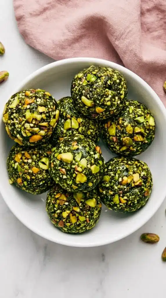 Matcha Pistachio Energy Balls coated with crunchy chopped pistachios on a ceramic plate