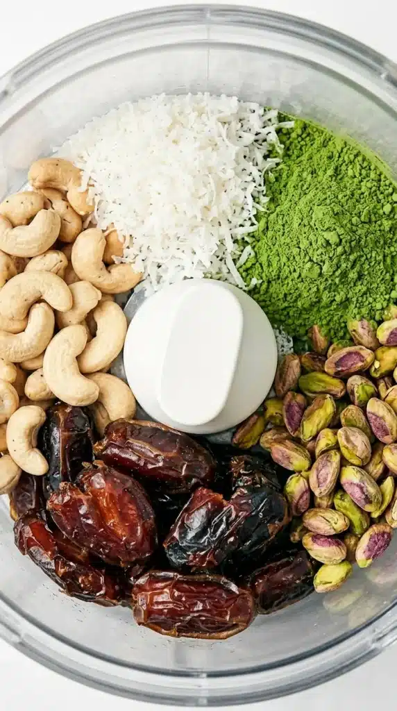 Matcha Pistachio Energy Balls ingredients ready to blend in a food processor