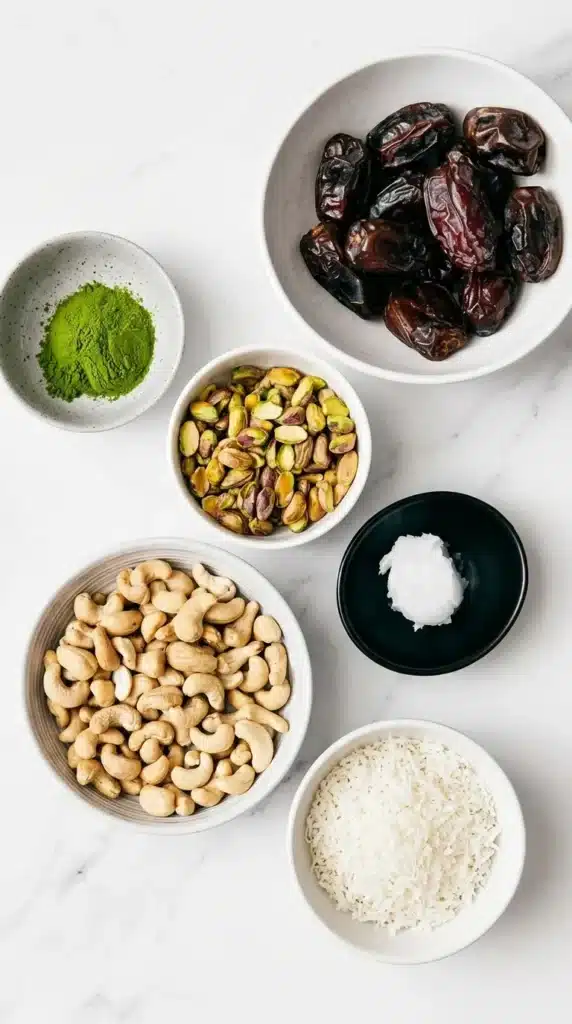Matcha Pistachio Energy Balls ingredients with matcha, pistachios, dates, cashews and coconut
