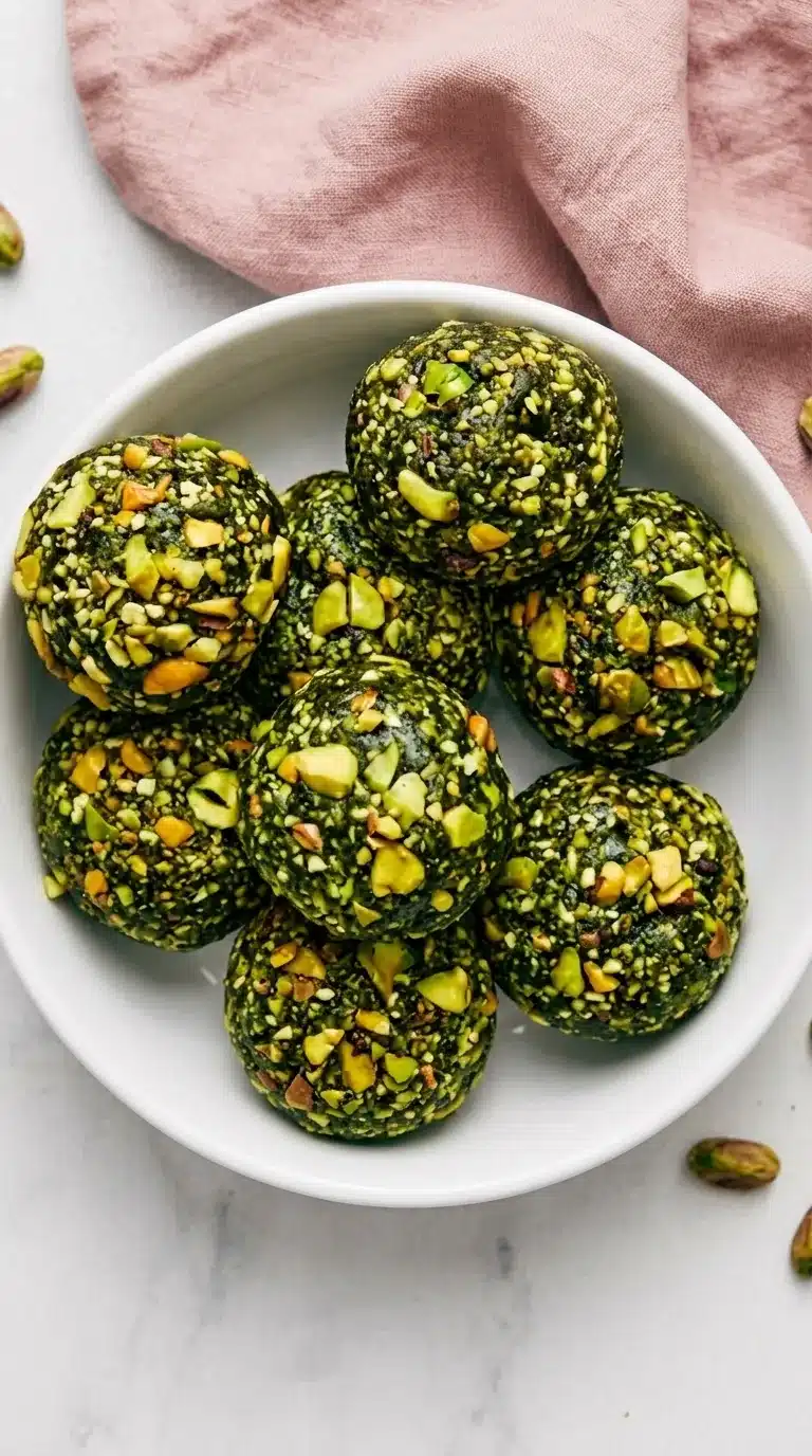 Matcha Pistachio Energy Balls coated with crunchy chopped pistachios on a ceramic plate
