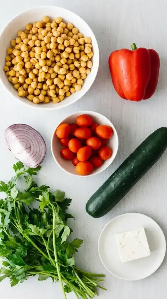 Mediterranean Chickpea Salad | Amazing Easy Lunch Recipe 7 Mediterranean Chickpea Salad ingredients with chickpeas, cucumber, tomatoes, feta, parsley, and pepper