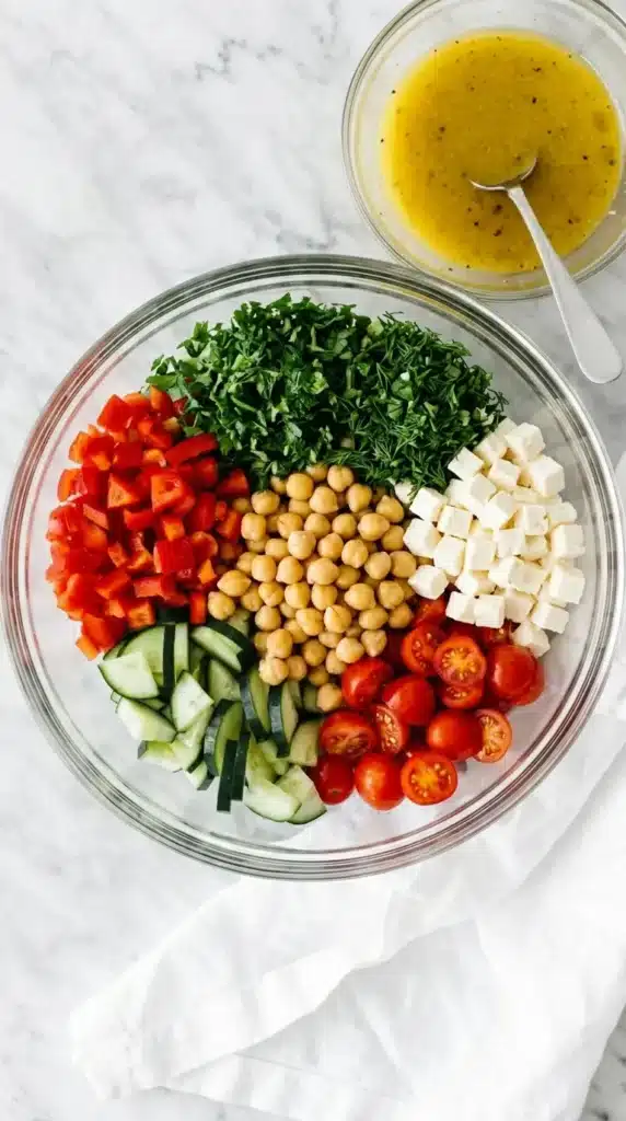 Mediterranean Chickpea Salad | Amazing Easy Lunch Recipe 8 Mediterranean Chickpea Salad ingredients arranged in a glass mixing bowl before tossing