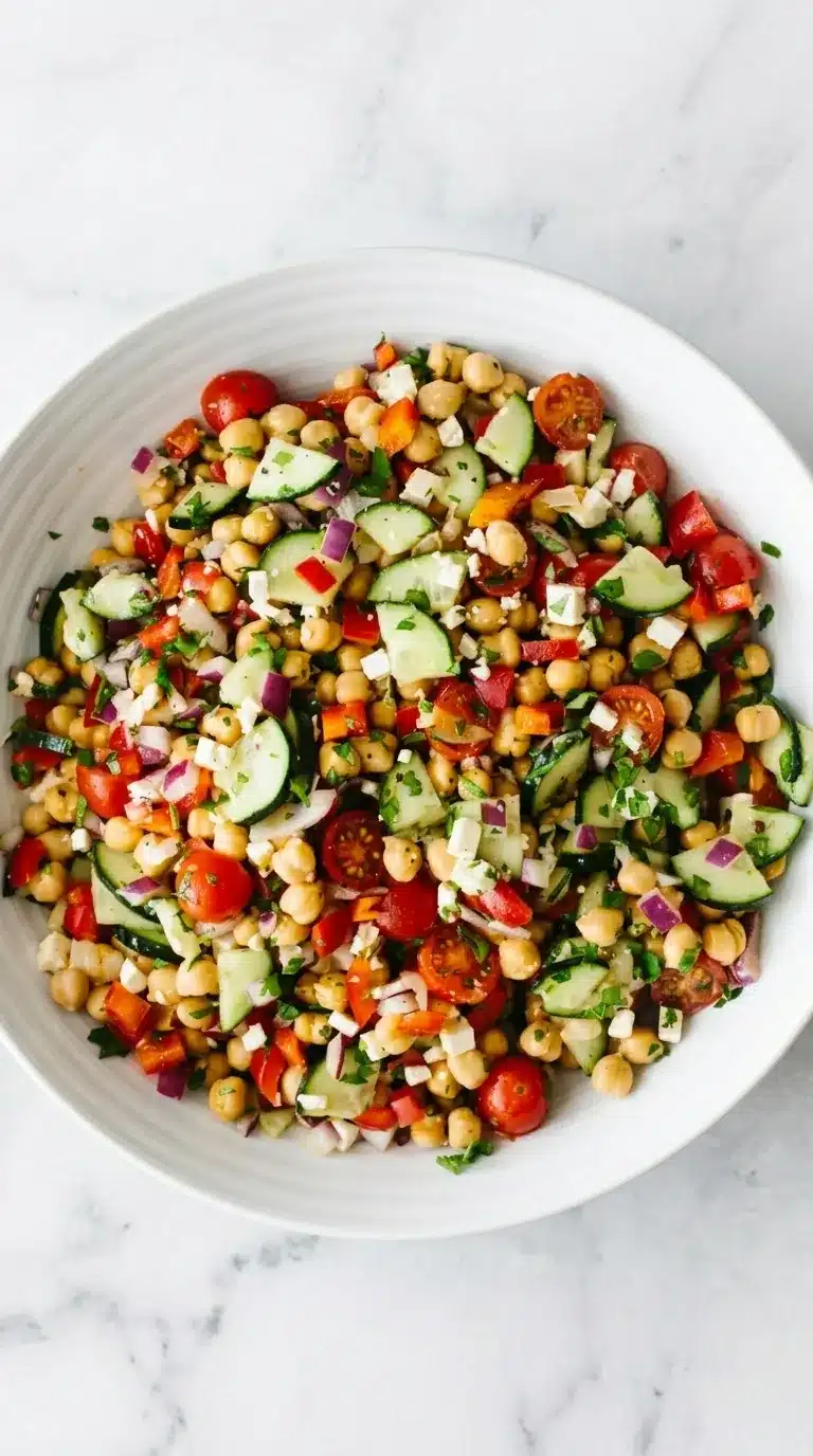 Mediterranean Chickpea Salad with feta, cucumber, tomatoes, and parsley in a serving bowl