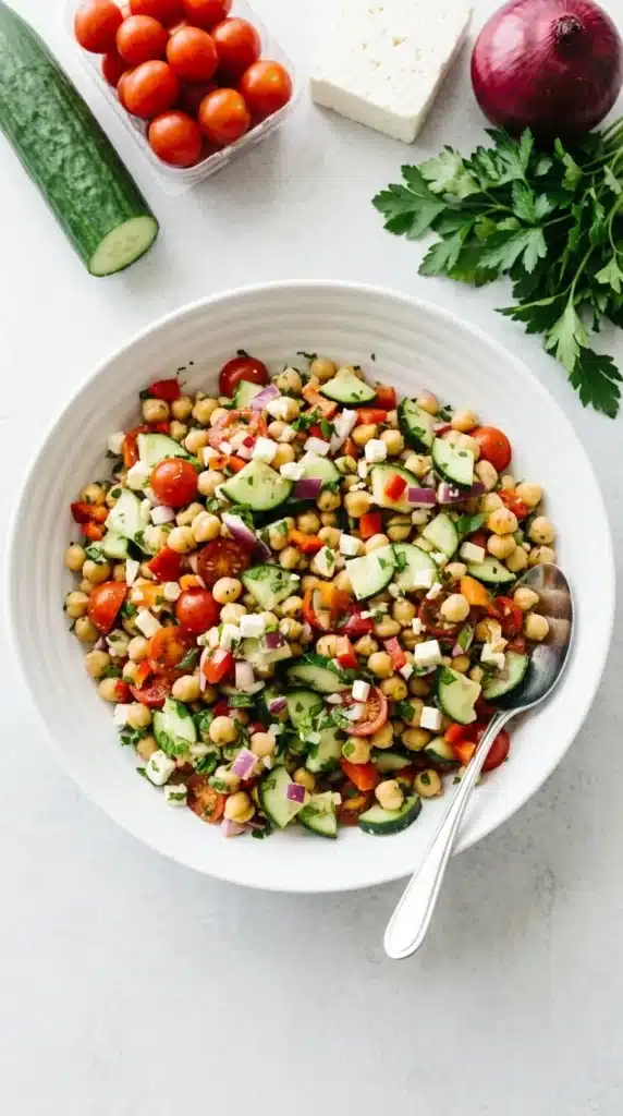 Mediterranean Chickpea Salad | Amazing Easy Lunch Recipe 10 Mediterranean Chickpea Salad served in a bowl with feta and fresh vegetables