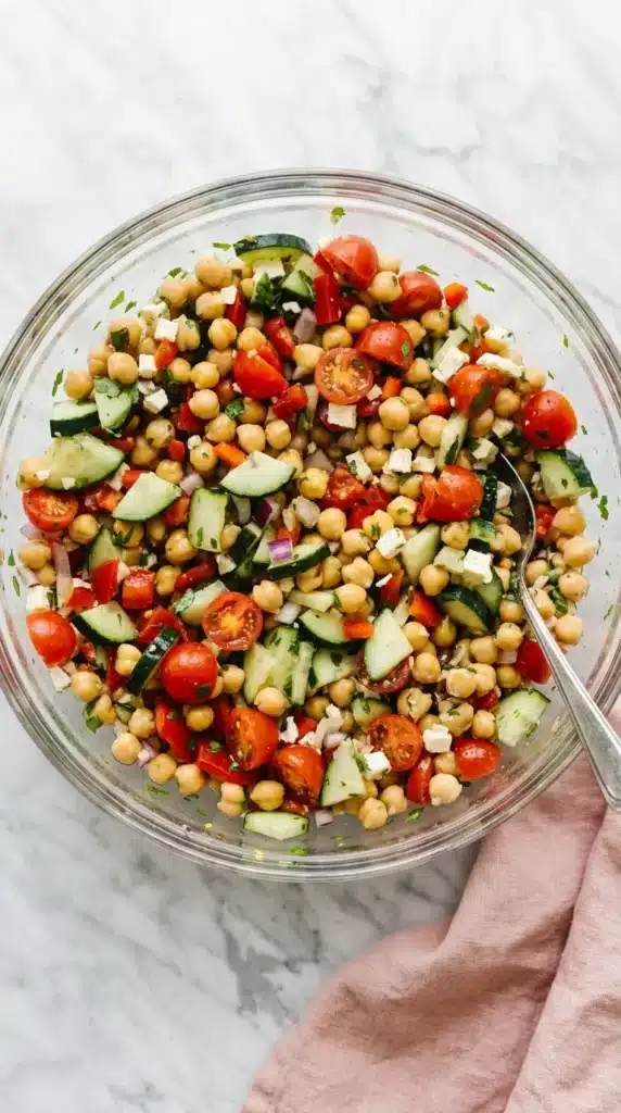 Mediterranean Chickpea Salad | Amazing Easy Lunch Recipe 9 Mediterranean Chickpea Salad tossed with lemon vinaigrette in a glass mixing bowl