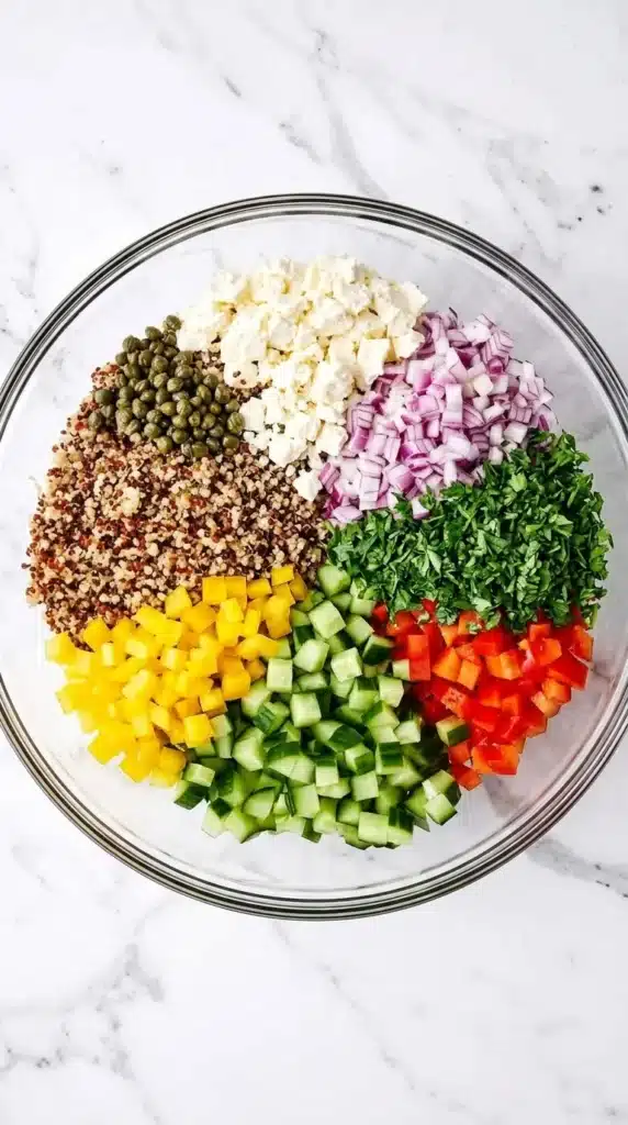 Mediterranean Quinoa Salad | Easy and Fresh Dinner Recipe 9 Mediterranean Quinoa Salad ingredients combined in a mixing bowl before tossing