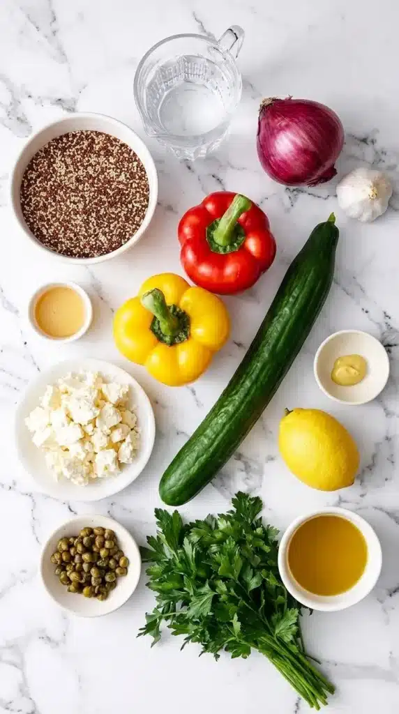 Mediterranean Quinoa Salad | Easy and Fresh Dinner Recipe 7 Mediterranean Quinoa Salad ingredients arranged on a countertop