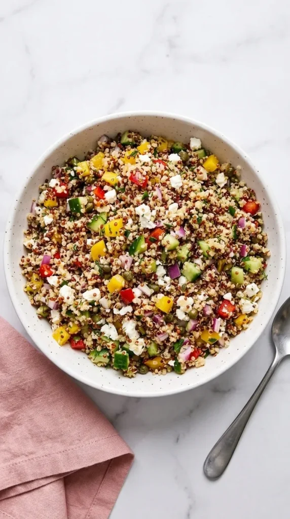 Mediterranean Quinoa Salad | Easy and Fresh Dinner Recipe 10 Mediterranean Quinoa Salad served in a ceramic bowl with feta and fresh vegetables