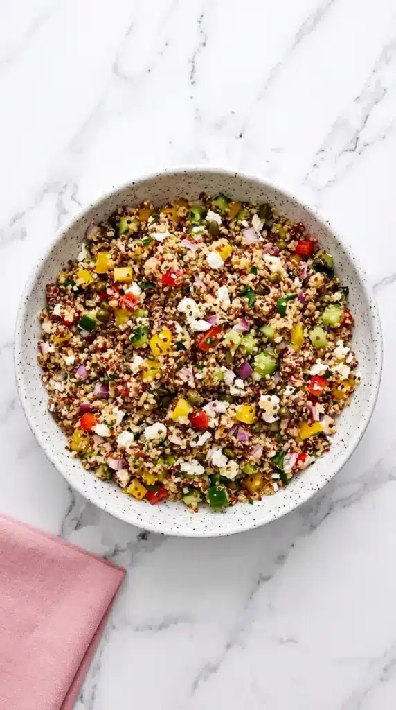 Mediterranean quinoa salad with feta, fresh vegetables, and lemon vinaigrette in a ceramic bowl