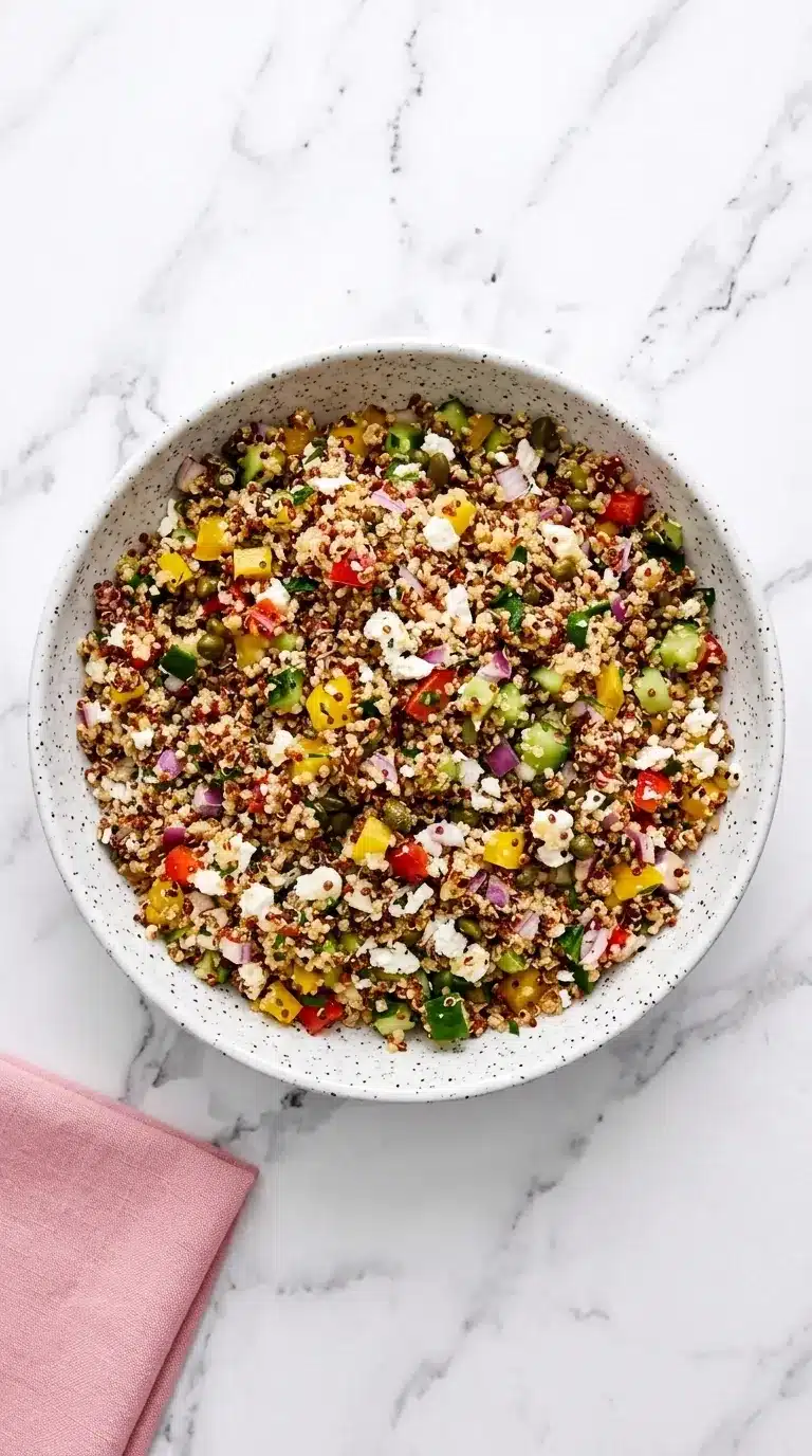Mediterranean quinoa salad with feta, fresh vegetables, and lemon vinaigrette in a ceramic bowl