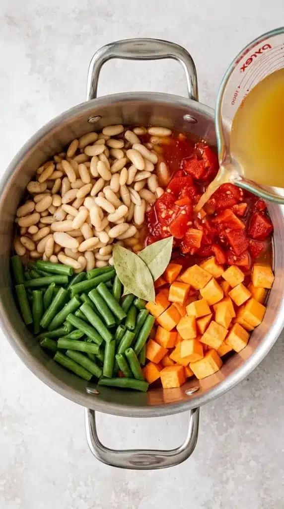 Minestrone Soup with cannellini beans, tomatoes, green beans, and sweet potato in a pot