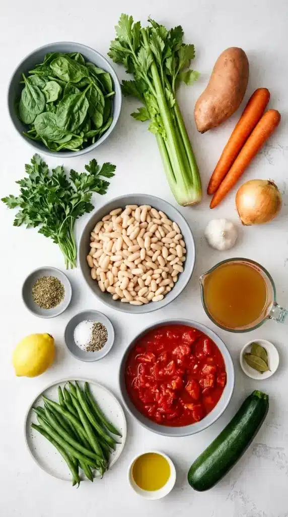 Minestrone Soup ingredients with cannellini beans, tomatoes, broth, and fresh vegetables