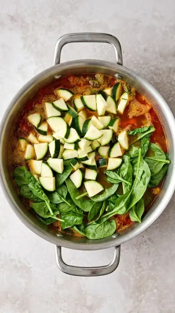 Minestrone Soup with fresh zucchini and spinach simmering in a pot