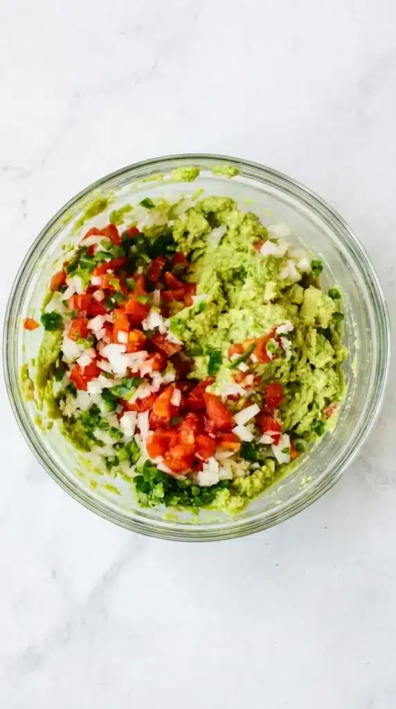 Best Ever Guacamole ingredients in a glass bowl before stirring