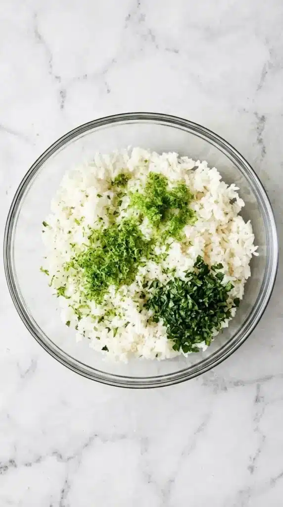 Fresh cilantro and lime zest added to fluffy Cilantro Lime Rice before mixing.