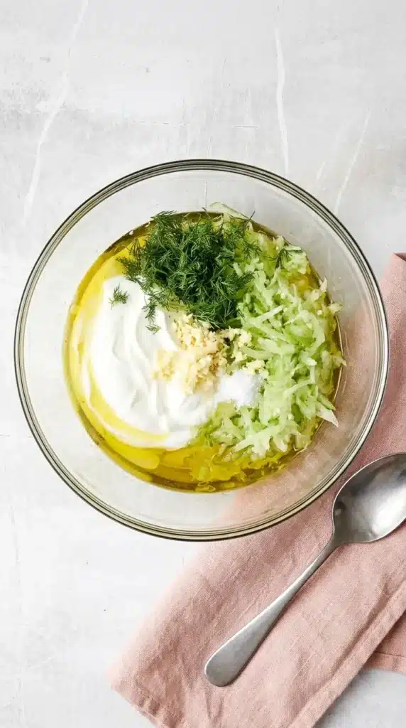 Tzatziki ingredients with Greek yogurt, grated cucumber, dill, garlic, and olive oil in a bowl