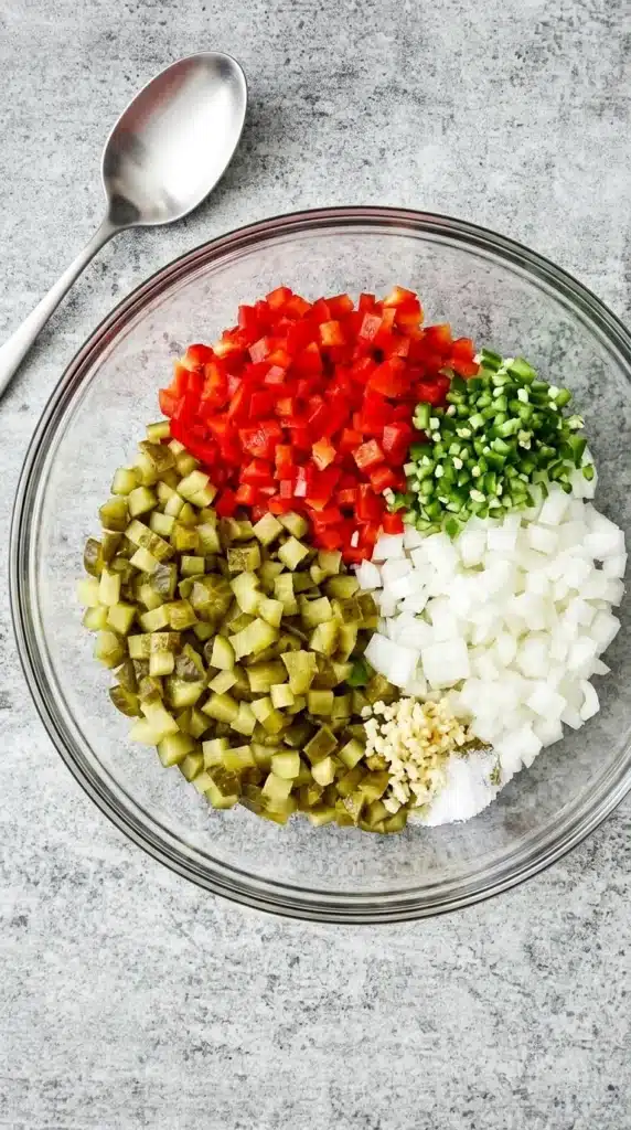 Pickle de Gallo ingredients in a bowl with pickle brine ready for mixing