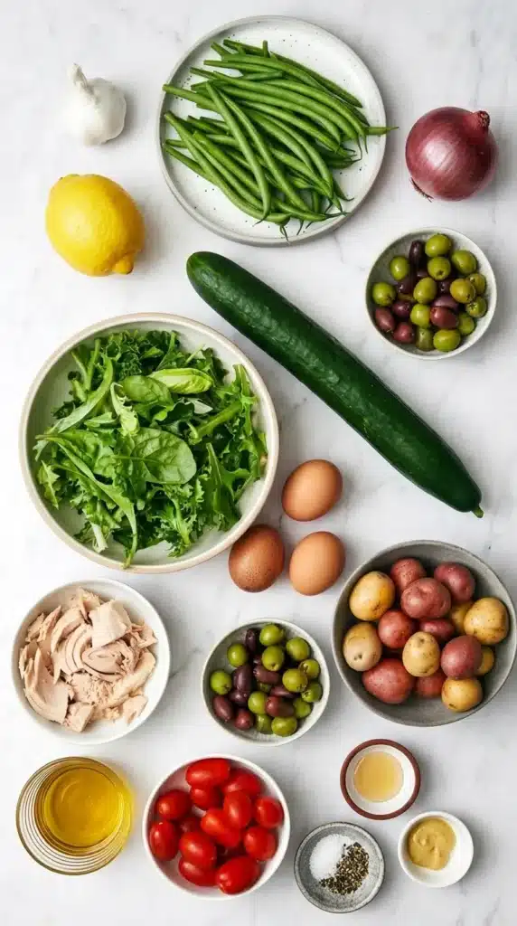 Niçoise Salad Recipe : Easy French Lunch for a Happy Table 7 Niçoise Salad ingredients with tuna, eggs, potatoes, green beans, tomatoes, olives and fresh greens
