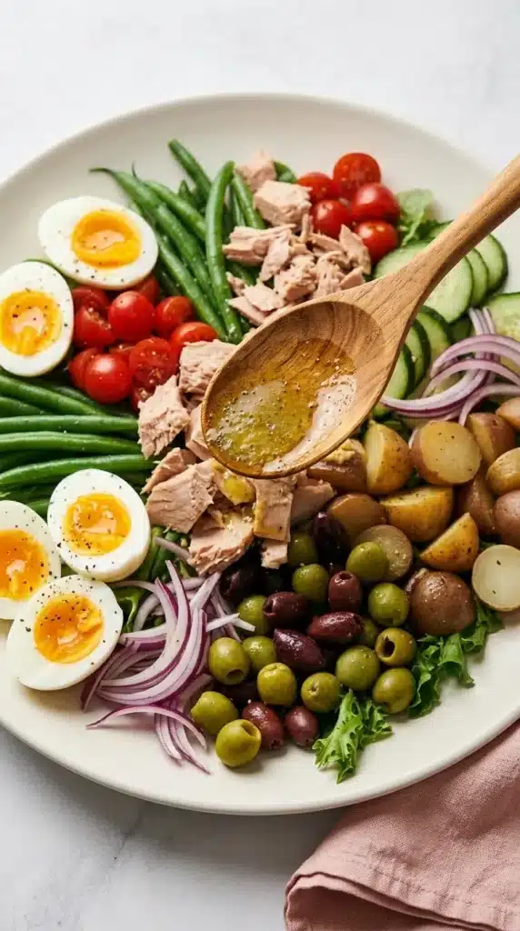 Niçoise Salad Recipe : Easy French Lunch for a Happy Table 9 Niçoise Salad with tuna, jammy eggs, potatoes, green beans, olives and lemon Dijon vinaigrette