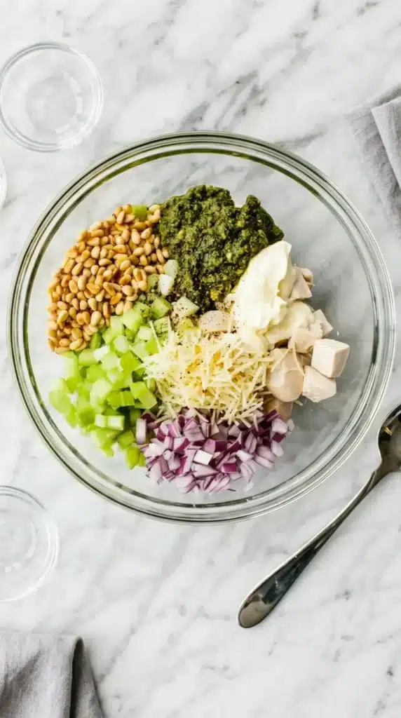 Pesto Chicken Salad: Easy Creamy Lunch Recipe 9 Pesto Chicken Salad ingredients combined in a glass bowl before mixing