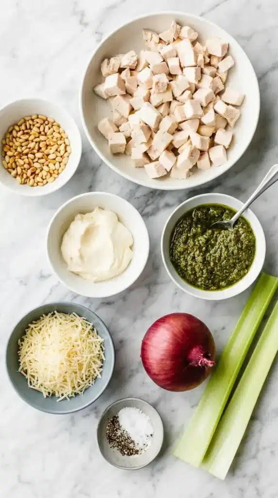 Pesto Chicken Salad: Easy Creamy Lunch Recipe 8 Pesto Chicken Salad ingredients with chicken, pesto, celery, onion, pine nuts, and Parmesan