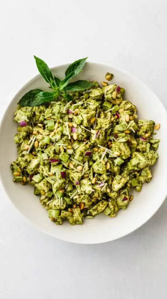 Pesto Chicken Salad with celery, red onion, toasted pine nuts, Parmesan, and fresh basil