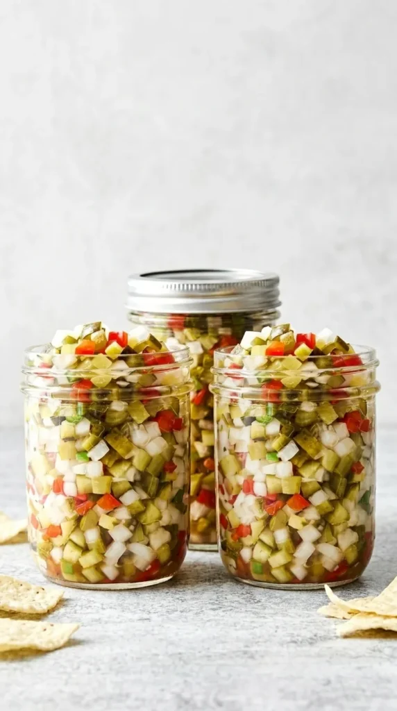 Pickle de Gallo stored in a glass jar with crisp dill pickles, onion and red pepper