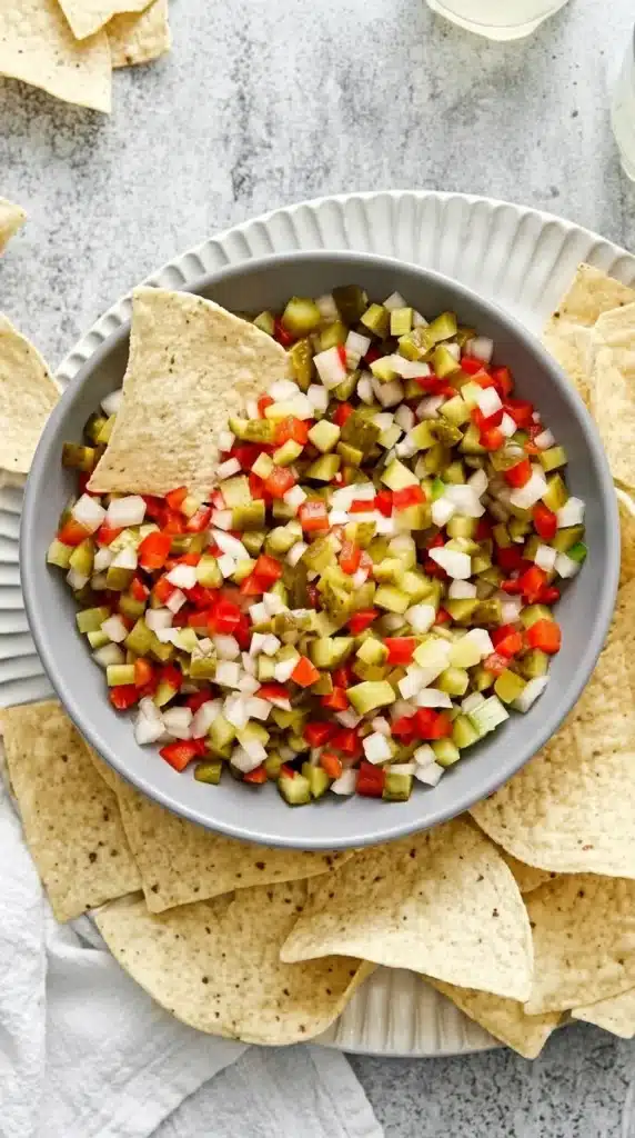 Pickle de Gallo with diced dill pickles, red pepper, onion and crispy tortilla chips