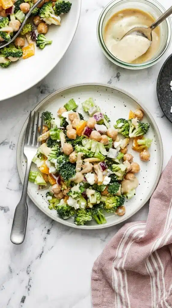 Chopped Broccoli and Chickpea Salad | Amazing Easy Lunch Recipe 10 Plated Chopped Broccoli and Chickpea Salad with creamy lemon tahini dressing.