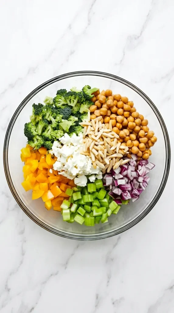 Chopped Broccoli and Chickpea Salad | Amazing Easy Lunch Recipe 9 Prepared ingredients for Chopped Broccoli and Chickpea Salad in a glass mixing bowl.