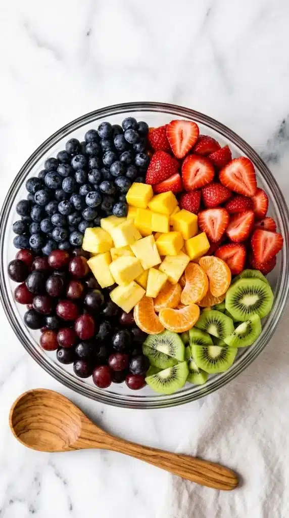 Prepared Classic Fruit Salad ingredients arranged in a glass bowl before mixing
