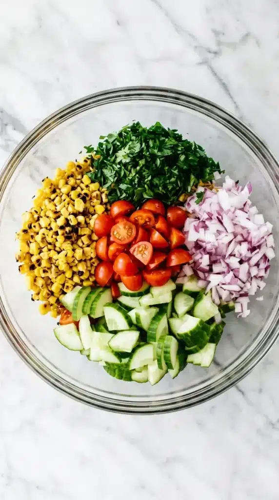 Fresh Corn Salad Recipe | Amazing Easy Summer Lunch 7 Prepared Fresh Corn Salad ingredients in a glass bowl before mixing