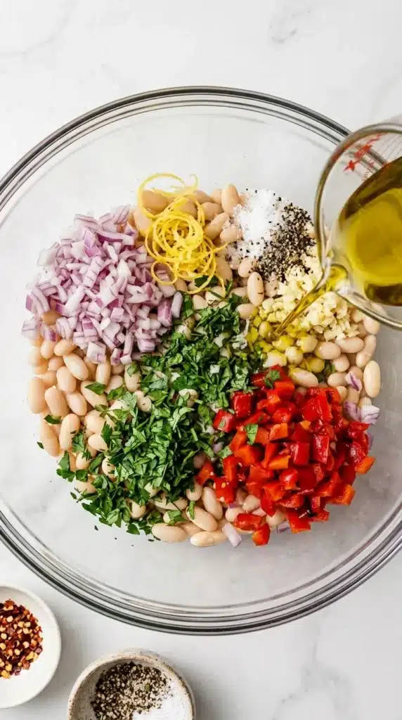 Marinated White Beans: Fresh Mediterranean Lunch Recipe 9 Olive oil poured over Marinated White Beans with herbs, peppers, shallot, and lemon