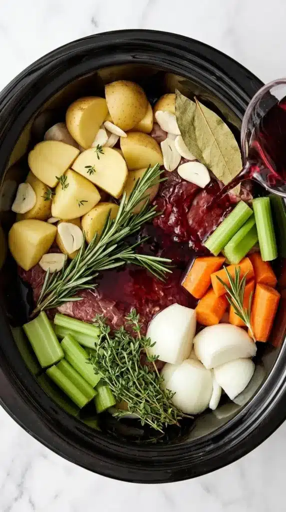 Slow Cooker Pot Roast | Amazing Easy Family Dinner Recipe 8 Slow Cooker Pot Roast ingredients layered in the slow cooker before cooking.