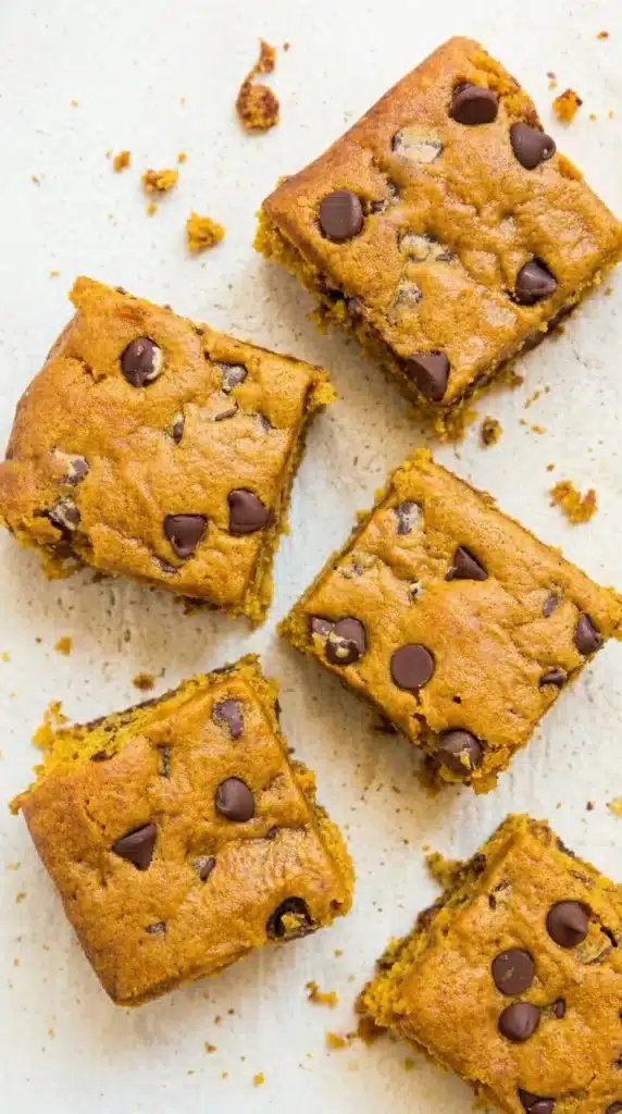 Pumpkin Blondies with chocolate chips, soft centers, and golden edges