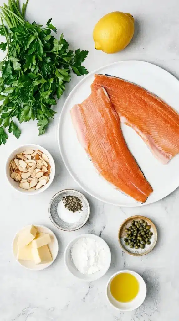 Rainbow Trout Almondine ingredients with trout, almonds, lemon, capers, butter, and parsley